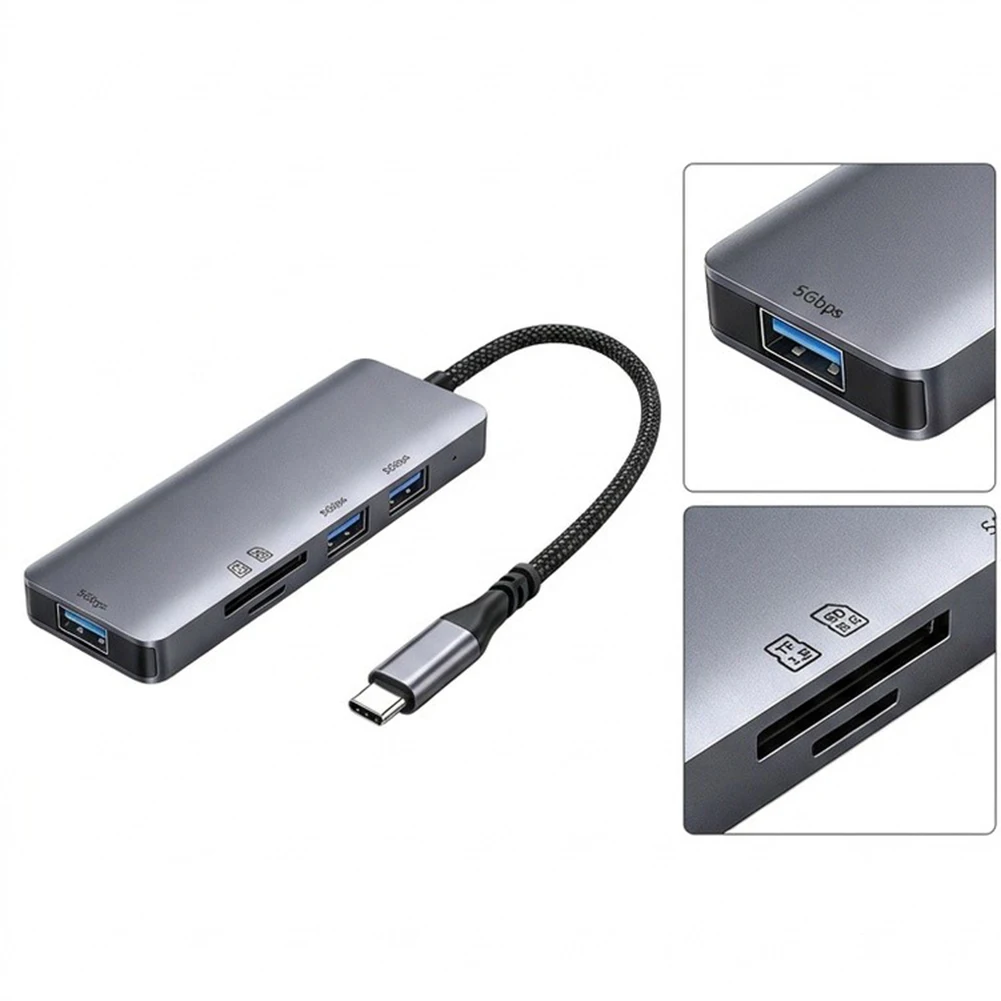 5-in-1 USB C Hub Adapter 5Gbps High-Speed Transfer Dual Memory Card Reader Laptop Parts & Accessories