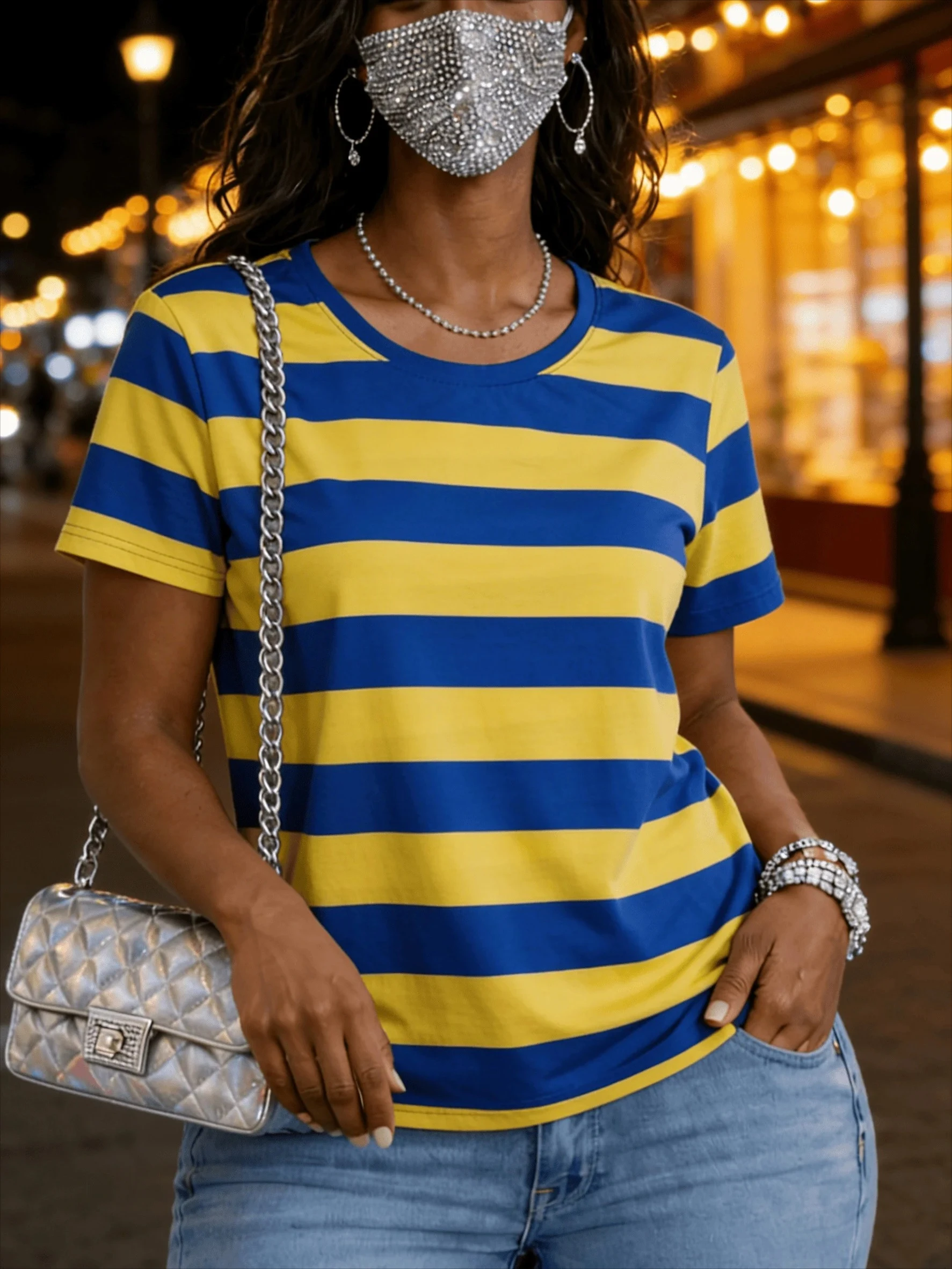 Women's Oversized Brown‑Blue Stripe Graphic Print T‑Shirt Crew Neck Cotton Blend Summer Daily Casual Short Sleeve Fashion Top