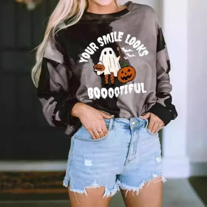 

Women's Halloween Ghost Print Round Neck Sweatshirt Female Casual Clothing Autumn New Fashion Women Loose Long Sleeve Pullover