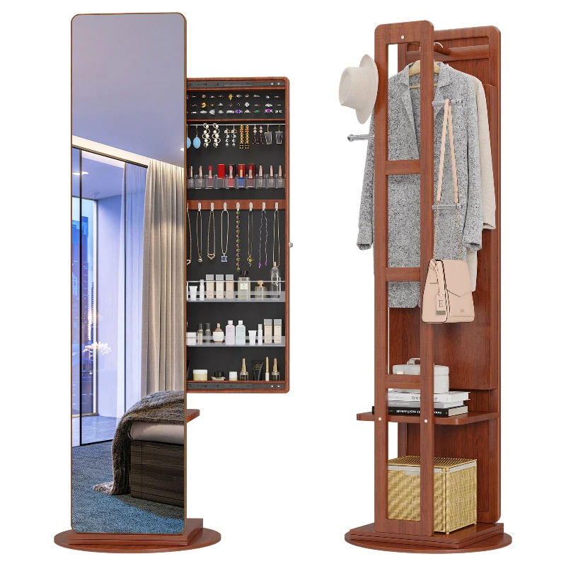 

Solid wood dressing mirror Audition Full body Floor with makeup cabinet Hanging hanger Integrated storage Bedroom household