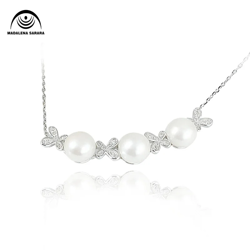 MADALENA SARARA S925 AAA Freshwater Pearl Inlaid  Pendant Sterling Silver Chain Necklace AAAA Zircon Inlaid Three Pearls Style