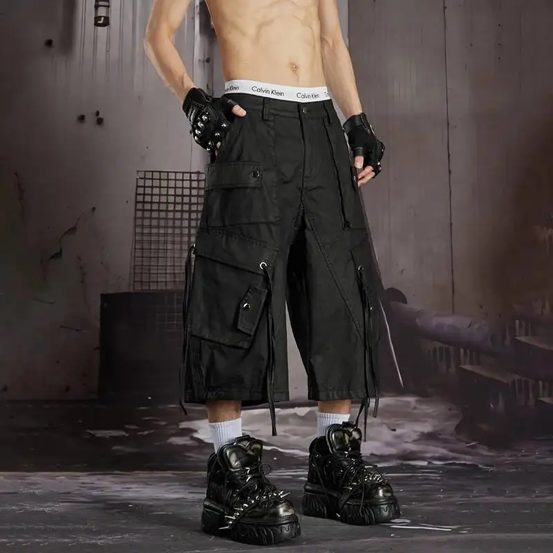 LUZHEN 2026 Summer New Solid Color Original Multi Pockets Design Ribbon Decorate Straight Cropped Trousers Men's Shorts JY7521