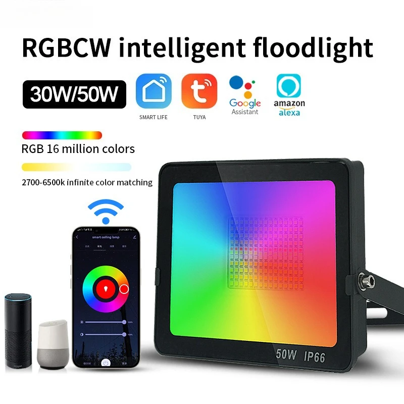

Smart WiFi Bluetooth RGBCW Flood Light, RGB+CW LED Spotlight for Garden, Yard, Pool, Patio, Facade, Remote Control, Waterproof