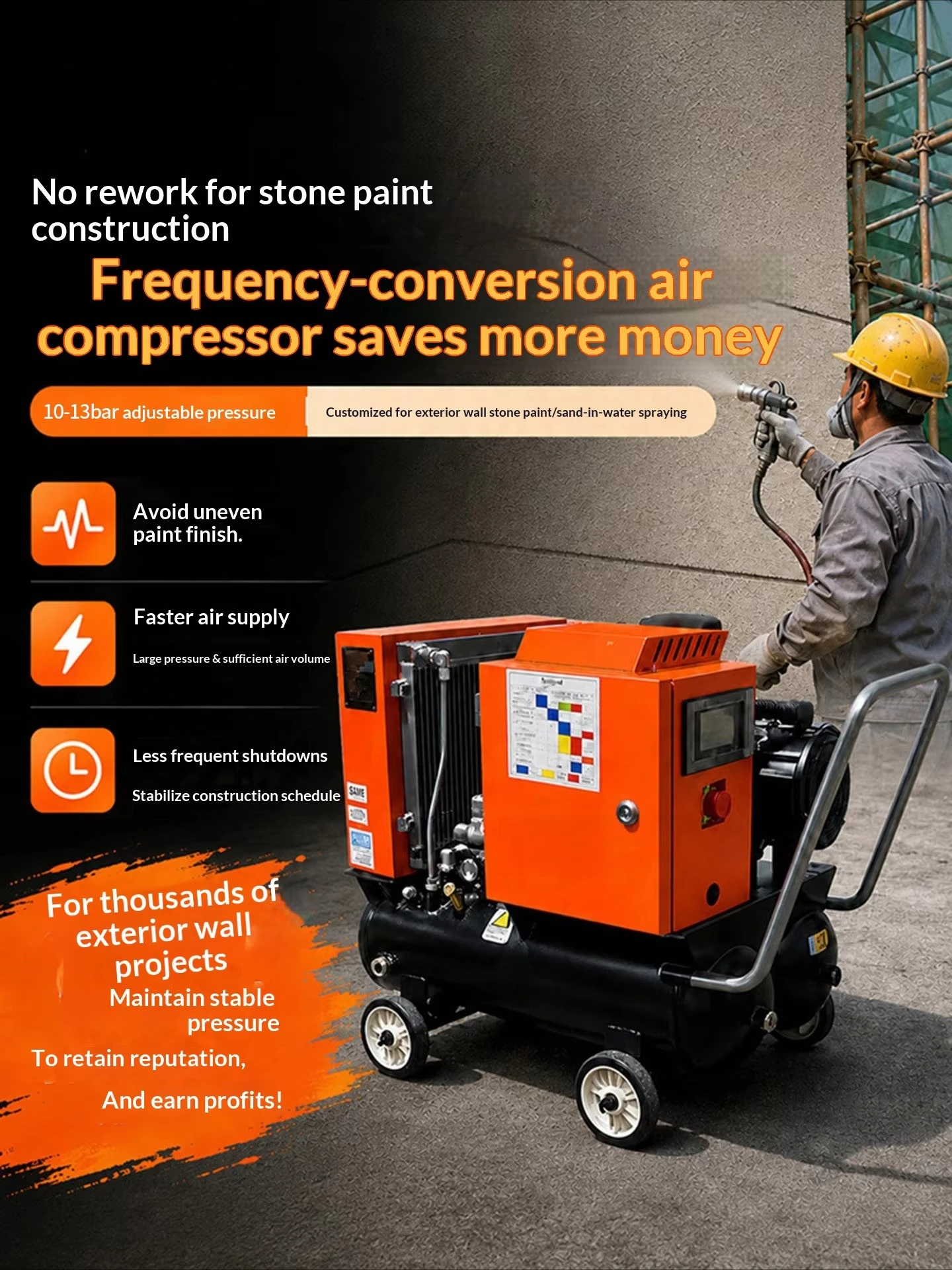 Mobile Air Compressor, Stone Texture Paint Spray Gun, Wall Finishing, Construction Tool, Portable Compressor