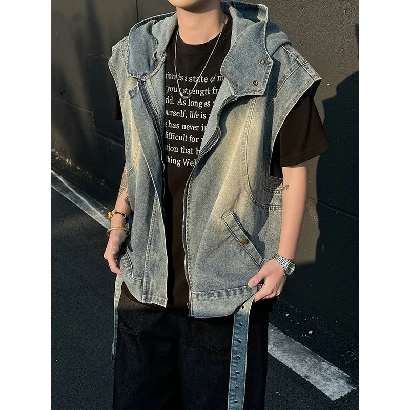 

Retro Waed Denim Svel Vest Men's American Sle Patchwork Hooded Workwear Deconstructed Outerwear Summer Youth Faion