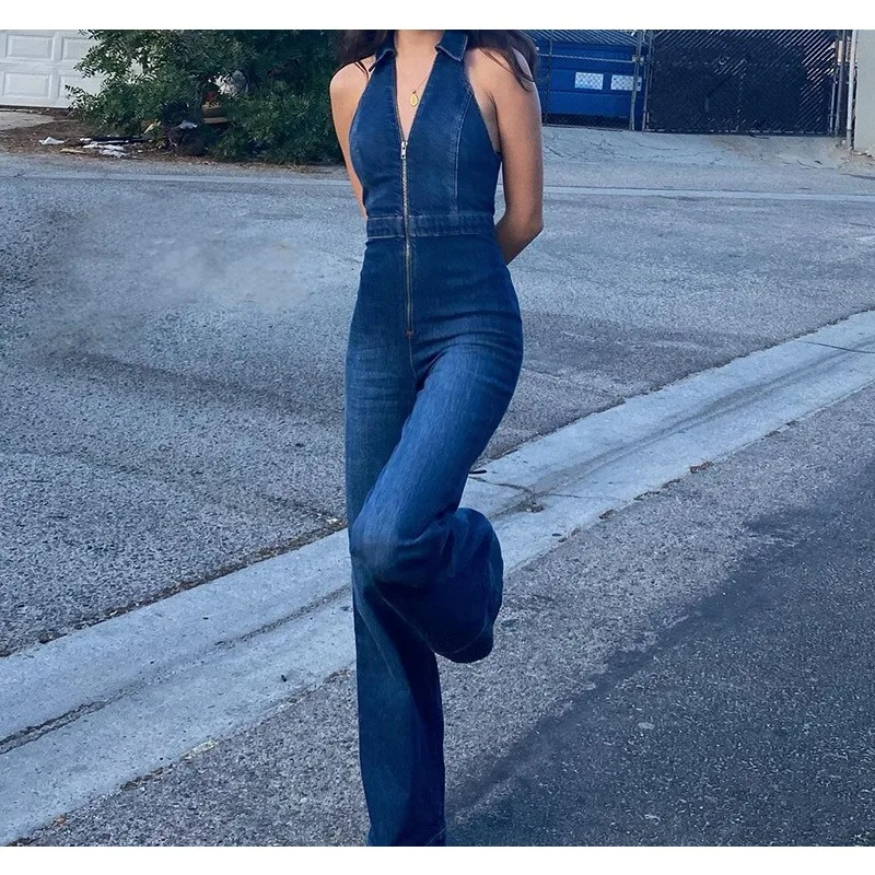 Slim Fashion Street Retro High Waist Women's Denim Jumpsuit