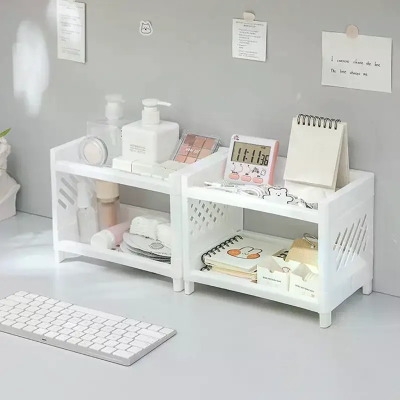 1 Pc Pure White Multifunctional Double-Layer Desktop Rack, Minimalist Plastic Organizer for Bathroom Stationery & Household