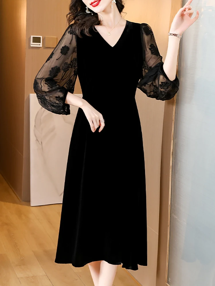 Women Elegant Luxury Party Evening Dress 2024 Black Velvet Patchwork Embroidery Sleeve Dress Autumn Winter Vintage Hepburn Dress