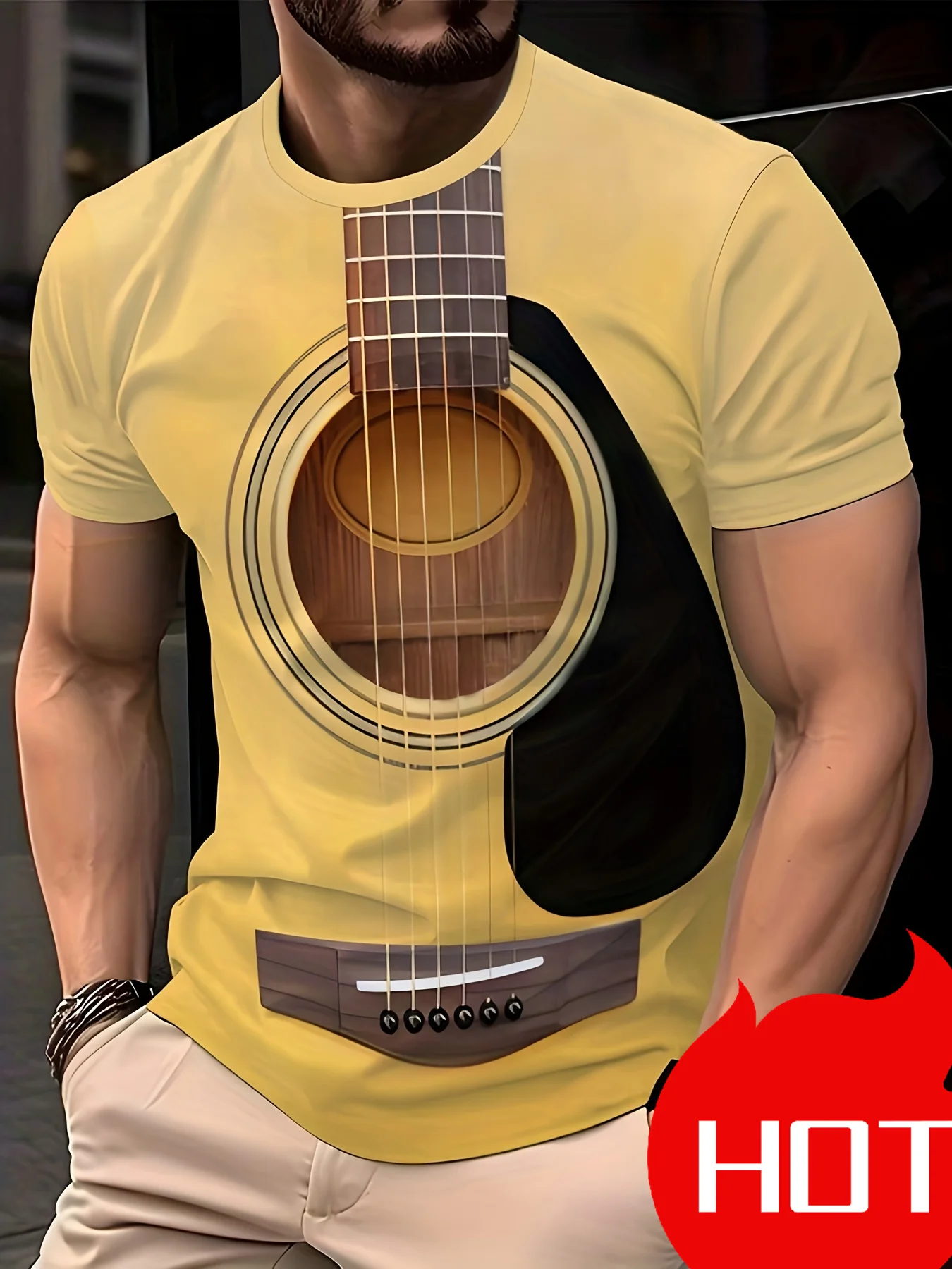 Men’s Guitar Graphic Short Sleeve T-Shirt Slim Fit Crew Neck Music Tee, Summer Hot Selling Fashionable Tops
