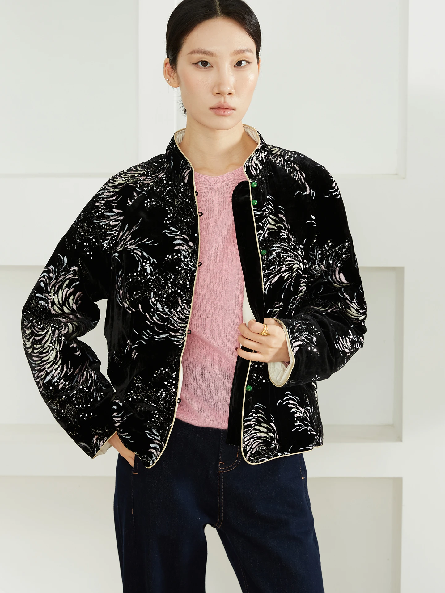 

Luxury Goose down Velvet Jaet Beaded Embroidery Thi Warm Casual Sle Long Sve Coat White Goose Feather Winter Outerwear