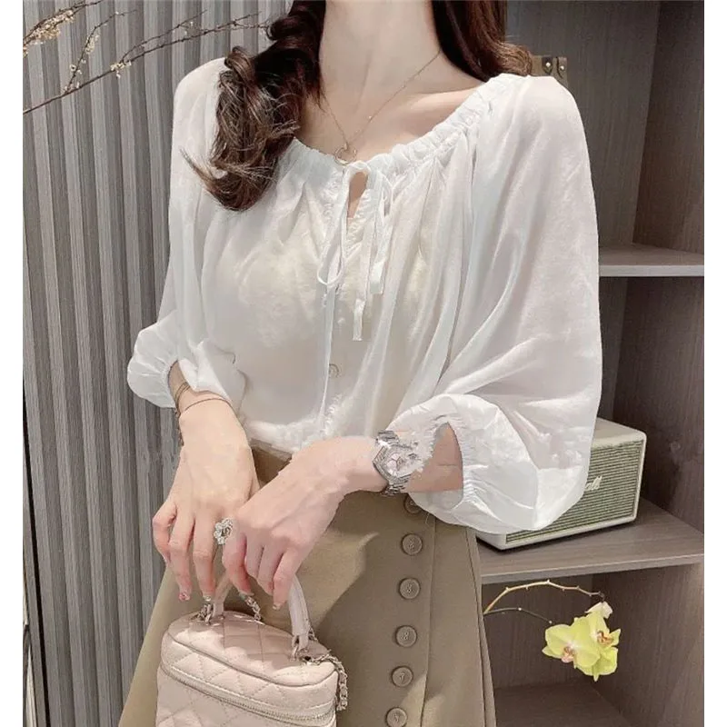 Korean Simplicity Solid Color 3/4 Sleeve Blouse for Female Loose All-match Round Neck Lace Up Shirt Summer Women\'s Clothing