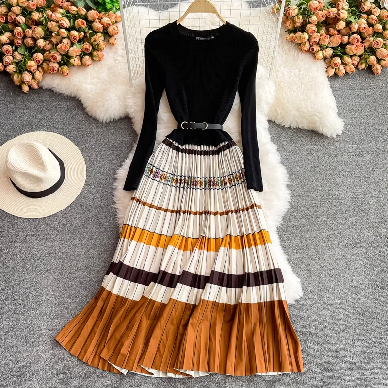 

Elegant Chic Patchwork Pleated Knit Dress French Long Sleeve Party A-line Vestidos High Waist Basic Women Autumn Winter Dress