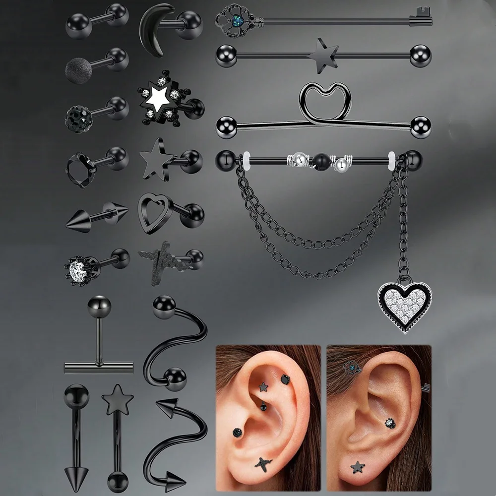 Pendientes de 16G con tachuelas de acero inoxidable, pendientes para el trago de concha de hélice, barra Industrial negra, pendientes de torre CZ, Piercing