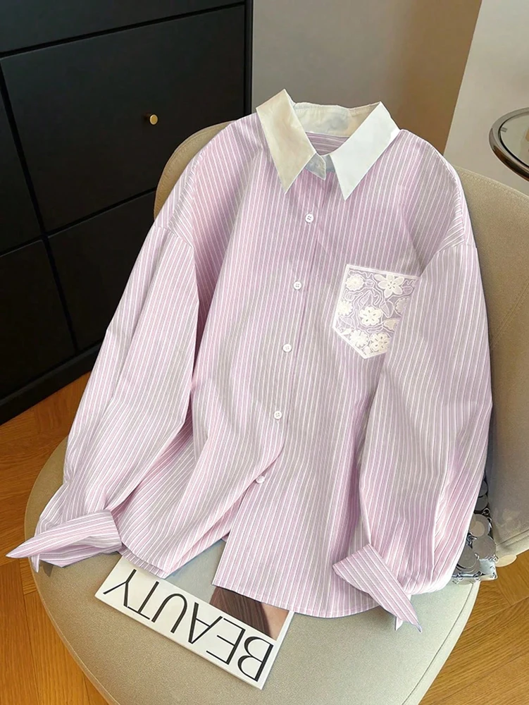 Women's Striped Clash Collar Lace Pocket Shirt, Daily Casual Shirt, Regular Fashion, Back to School Season image 6