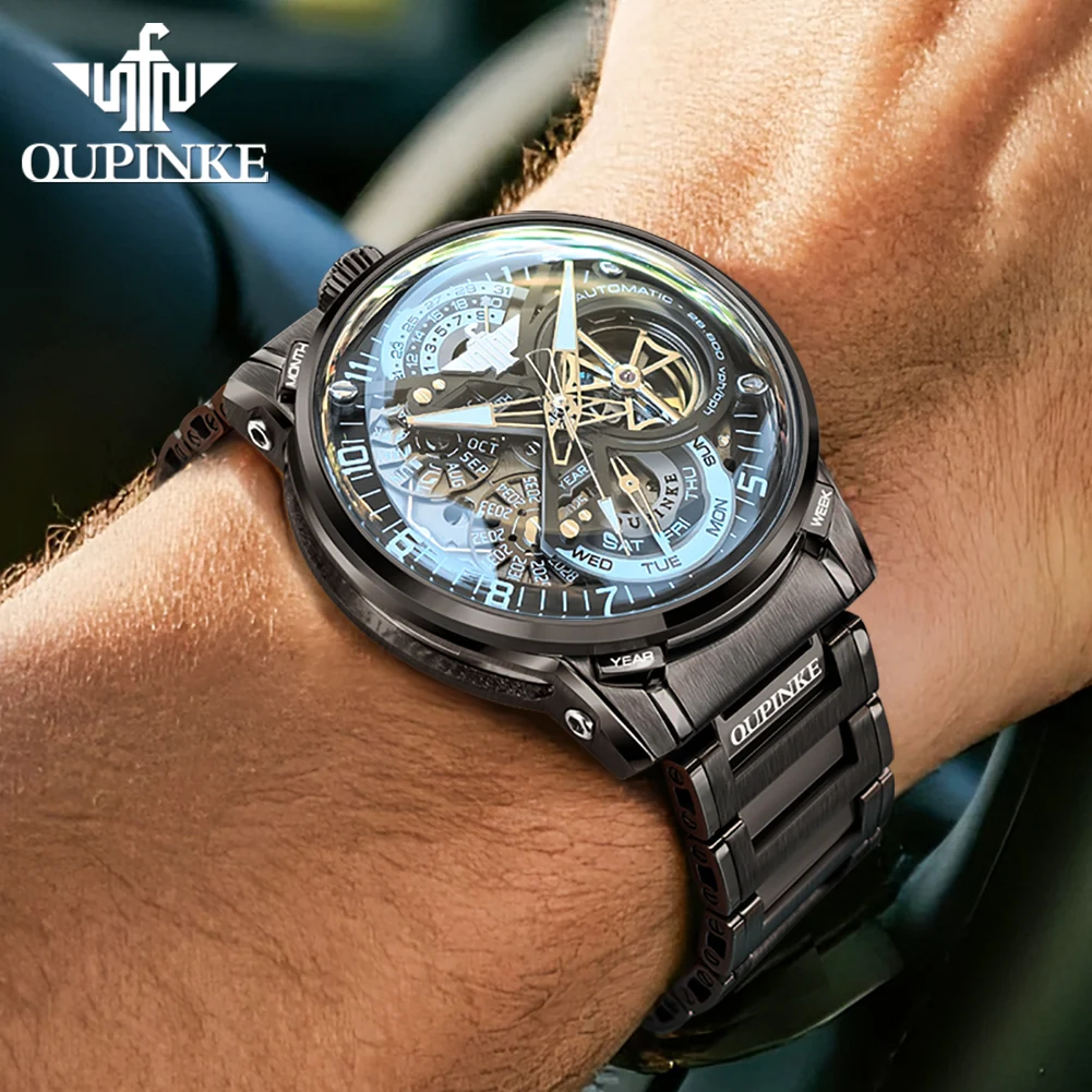 OUPINKE 3278 ساعات أوتوماتيكية للرجال هيكل عظمي 316 ستانلس ستيل 50 متر مقاوم للماء مصمم إيطالي ساعة ميكانيكية تعاونية #5