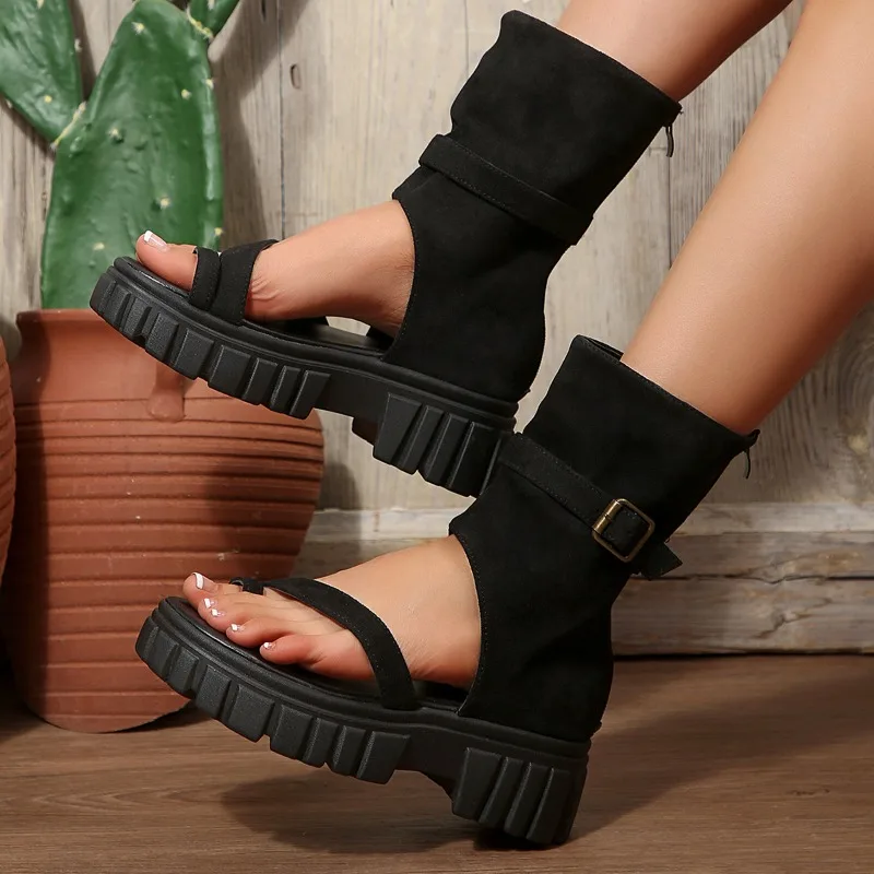Heightened Toe Pants Slide Boots for Women Summer New Metal Buckle Platform Block Heel Casual Roman Sandals