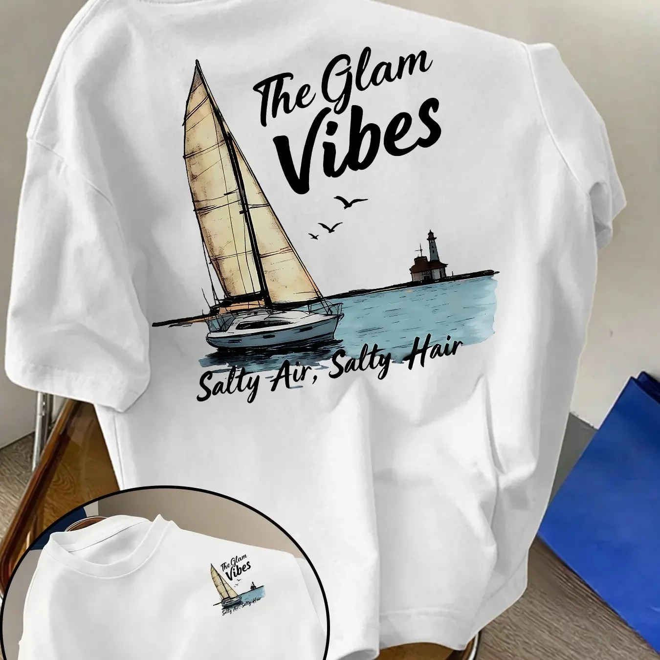 Men's Sailing T Shirt 100% Cotton Coastal Beach Graphic Print Vintage Nautical Streetwear Oversized Summer Casual Tee