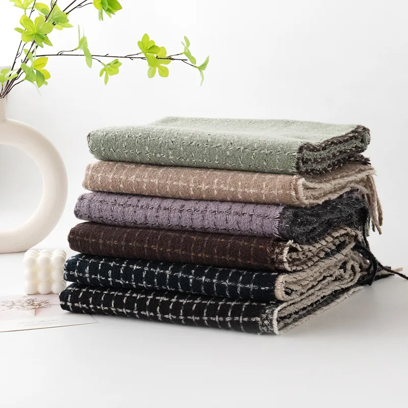 2026 New Soft Warm Scarf Imitation Cashmere Plaid Retro Fringed Scarf Advanced Sense Cold-proof Women's Scarf Shawl