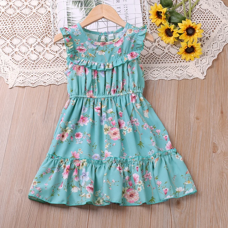 Summer Dress For Girl Clothes Kid Clothes Children Dress Sleeveless Floral Casual Green Dress Sundress  For Kid Clothes