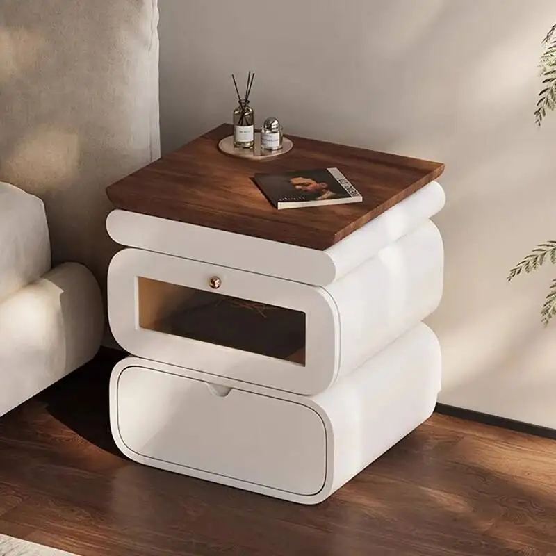 Bedside Table With Secret Rustic Nordic Compartment Safe Curved Cream Nightstand Unique Chic Mesitas De Noche Furniture For Home