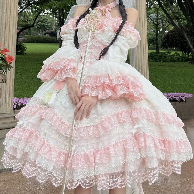 Original Sweet Lolita Short Dress Women\'s Slim Fit Lace Removable Long Sleeve White Dress Bridal Wedding Party Dress Vestidos