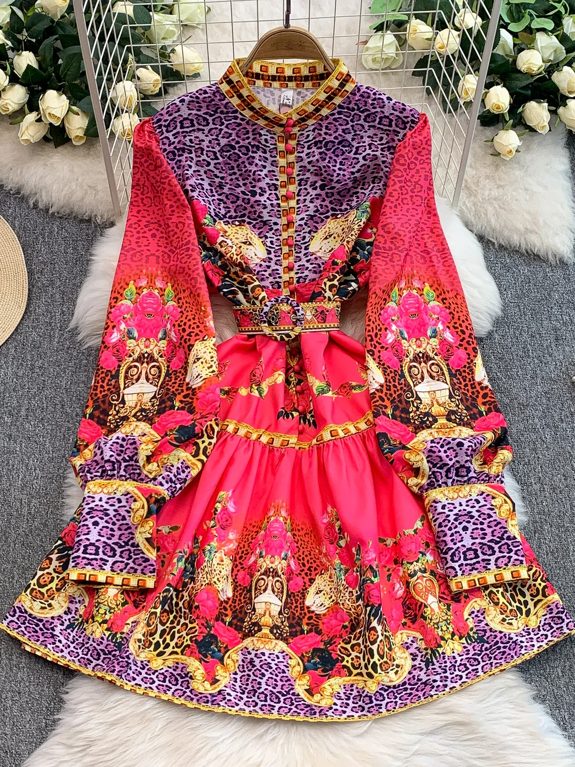 Retro Court Sle Colletto alla coreana Lanterna Sve Dr Donna Estate High-End Stampato Vita che impingente Dimagrante Midi Dr