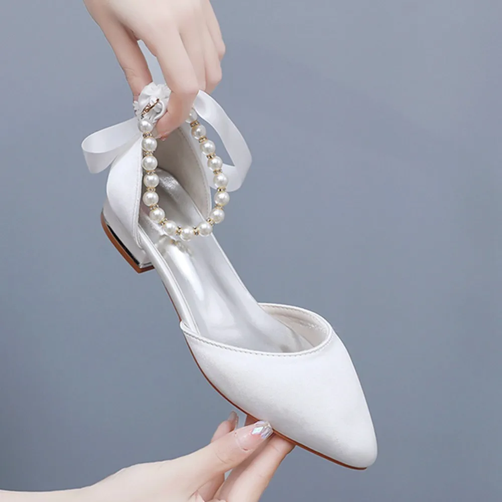 Wedding Shoes Bride Flat Heel Pointed Hollow Sandals Women White Satin Beaded Bride\'s Wedding Dress Shoes Sandalias De Mujer