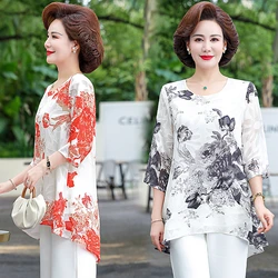 Female Clothing Vintage Floral Printed Midi T-shirt Round Neck 2023 Summer Short Sleeve Irregular All-match Loose Folk Pullovers