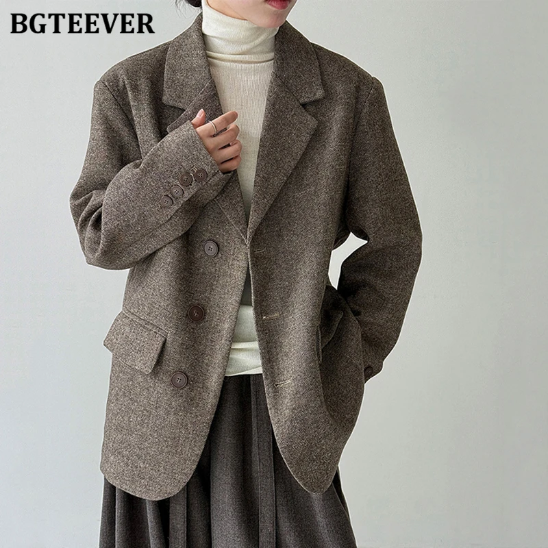 BGTEEVER Stylish Warm Ladies Woolen Blazer Jacket Autumn Winter Elegant Single-breasted Female Suit Coats