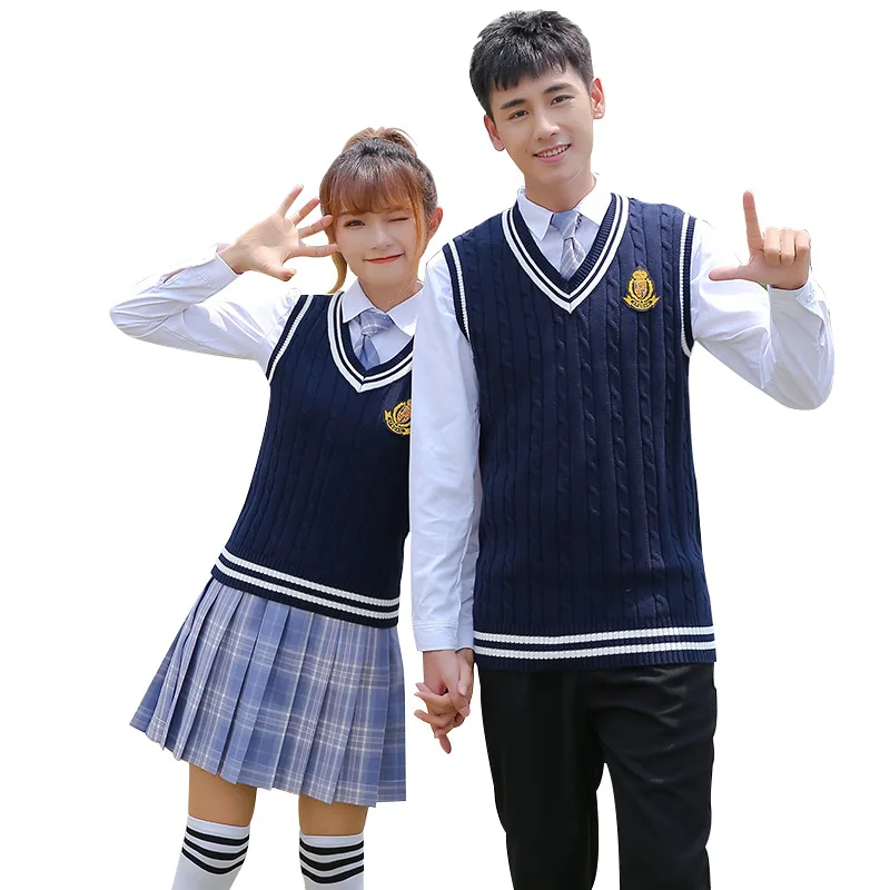 C079 Middle School Students British College Uniforms Jk Skirts Cotton Knitted Vest Suits