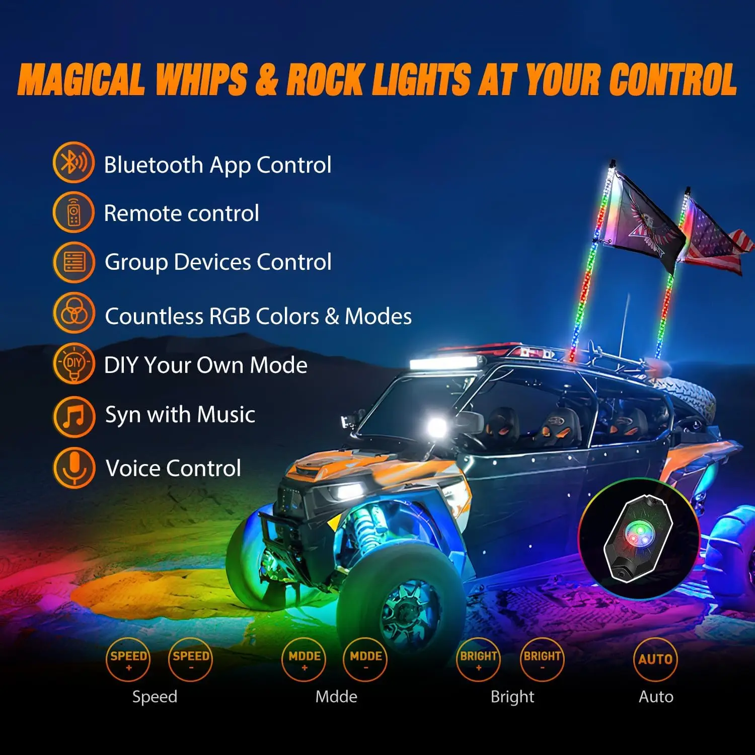 Nilight 2PCS 3FT/4FT RGB LED Whip Light and 8 PCS Rock Lights Combo Kit Remote & App Control W/ DIY Chasing Patterns Stop Turn Reverse Safety Antenna Lighted Whips For ATV UTV Off-Road Vehicles
