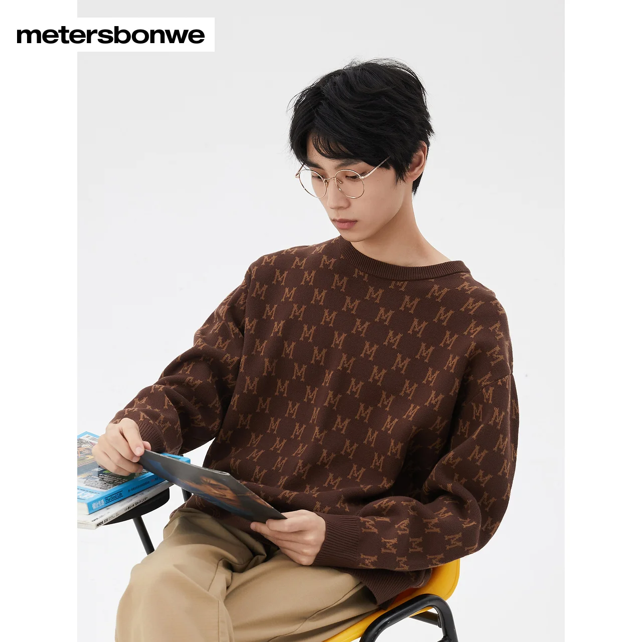 Metersbonwe-Men's  Color Clash Full Letter Jacquard Sweater Jumper Round Neck Loose Pullover Comfortable Soft Warm Winter