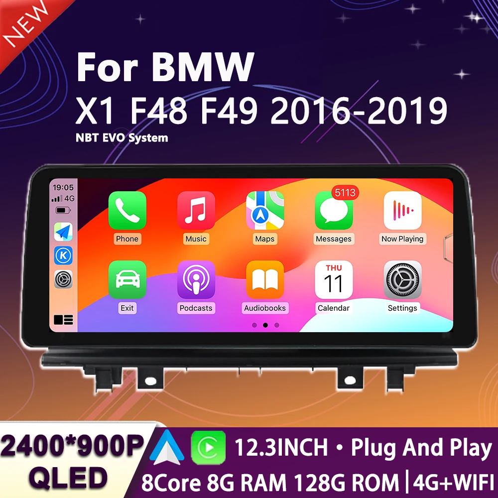 

Car Radio 12.3inch Screen Android 14 For BMW X1 F48 F49 2016 2017-2019 NBT EVO System Navigation GPS Multimedia Player Stereo