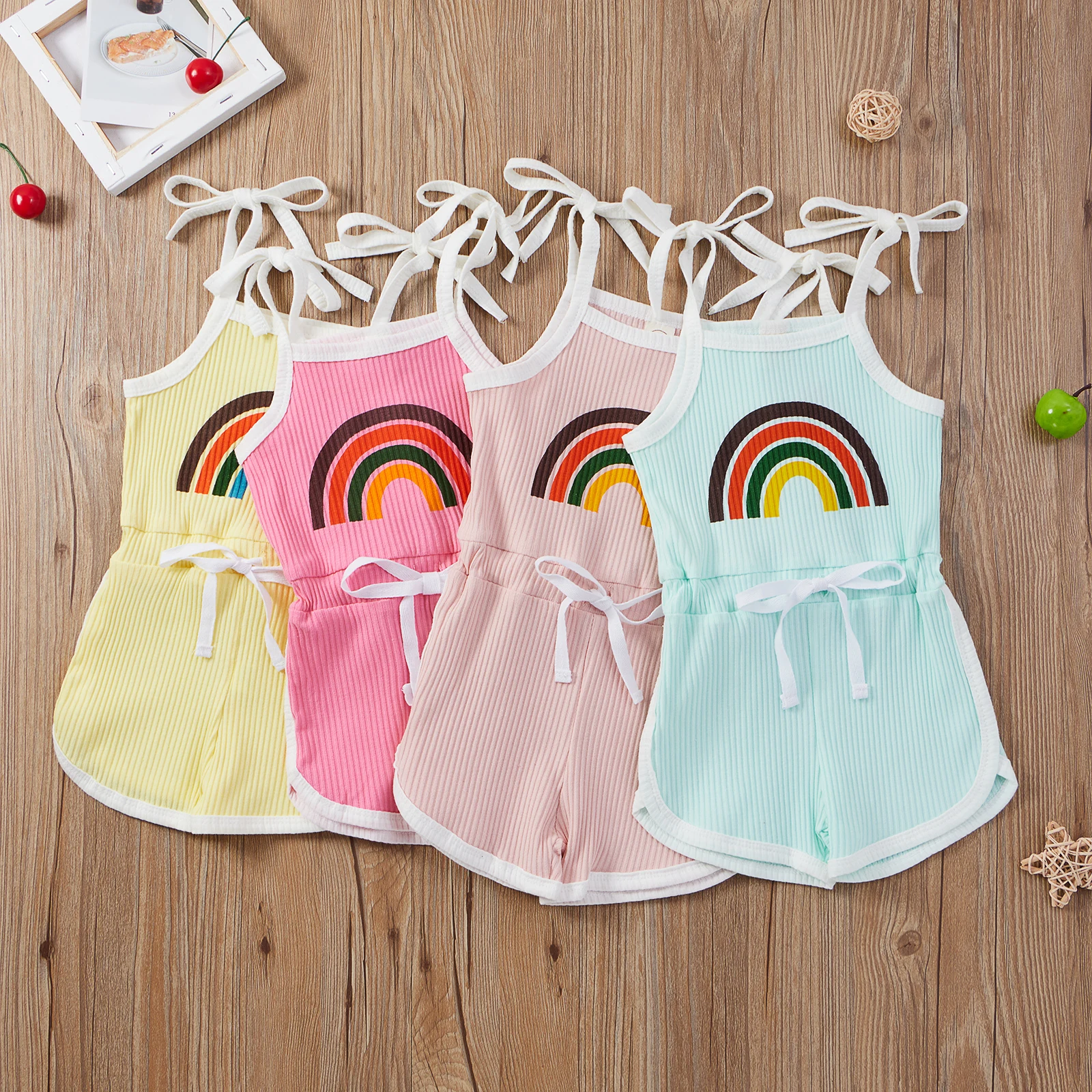 Summer 0-4 Years Old Baby Girls Soft And Comfortable Children\'s Fun Multi-Color Pit Strip Vest Shorts One-Piece Set