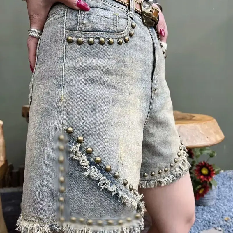 Dunne klinknagels retro denim shorts in Hong Kong-stijl voor dames Nieuwe grote maat losse afslankende wijde pijpen vijfpuntsbroek