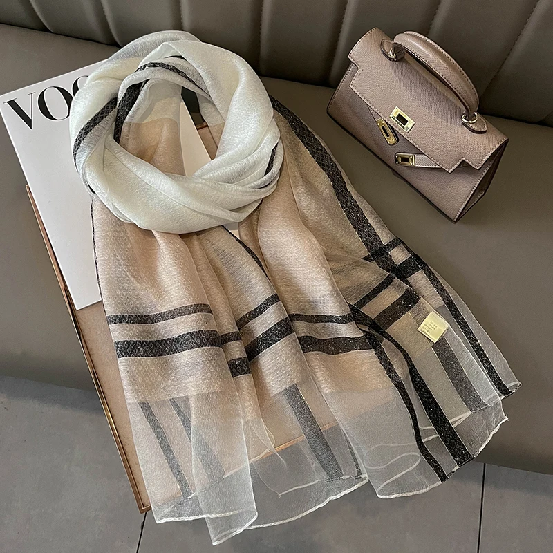 2023 New Luxury Shawls and Wraps Plaid Silk Scarf Women Hijab Pashmina Beach Foulard Stoles Female Bufanda Headscarf