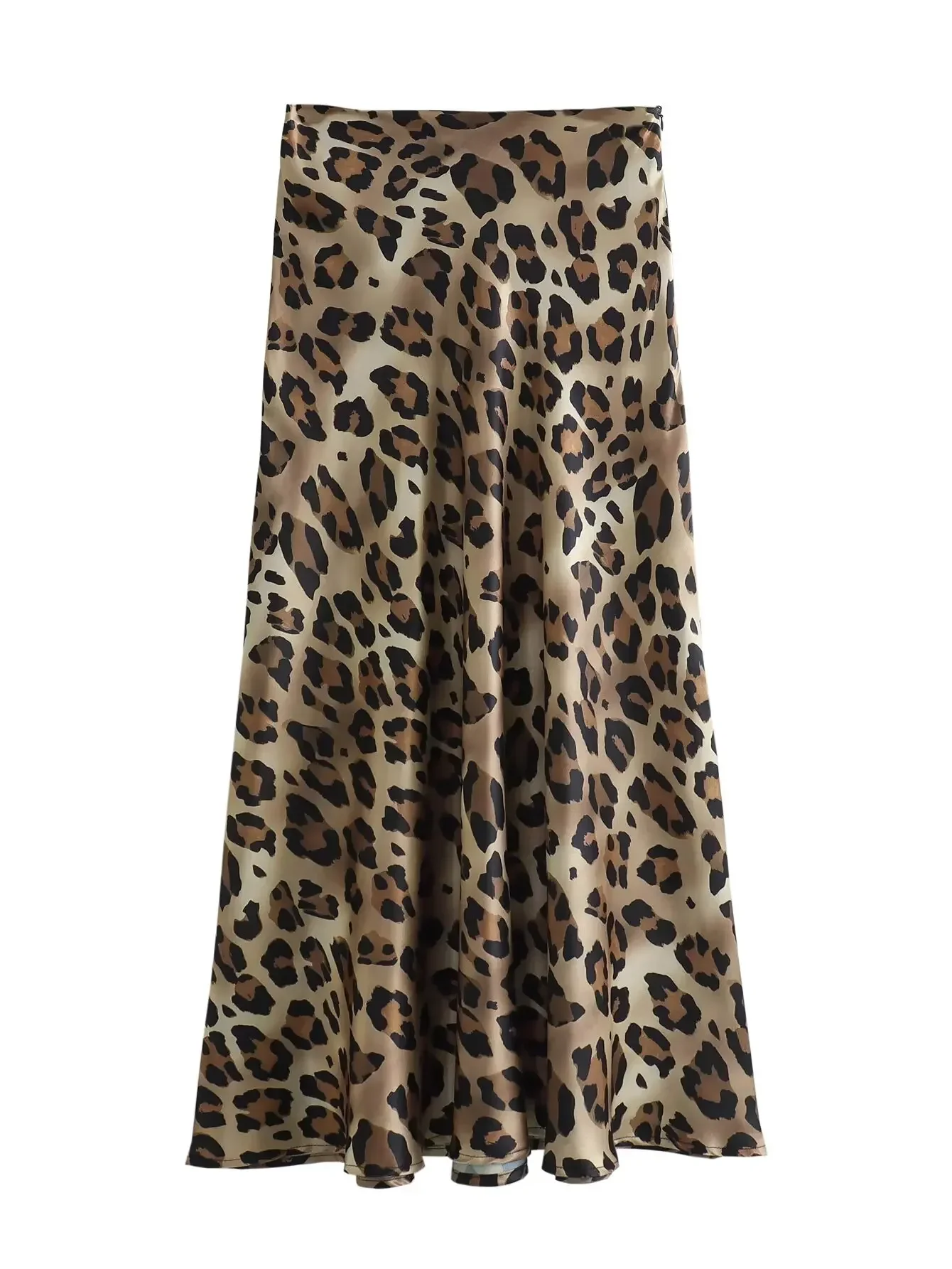 Saia midi com estampa de leopardo feminina, cintura alta, zíper traseiro, textura de seda, vintage, moda feminina, novo, 2024