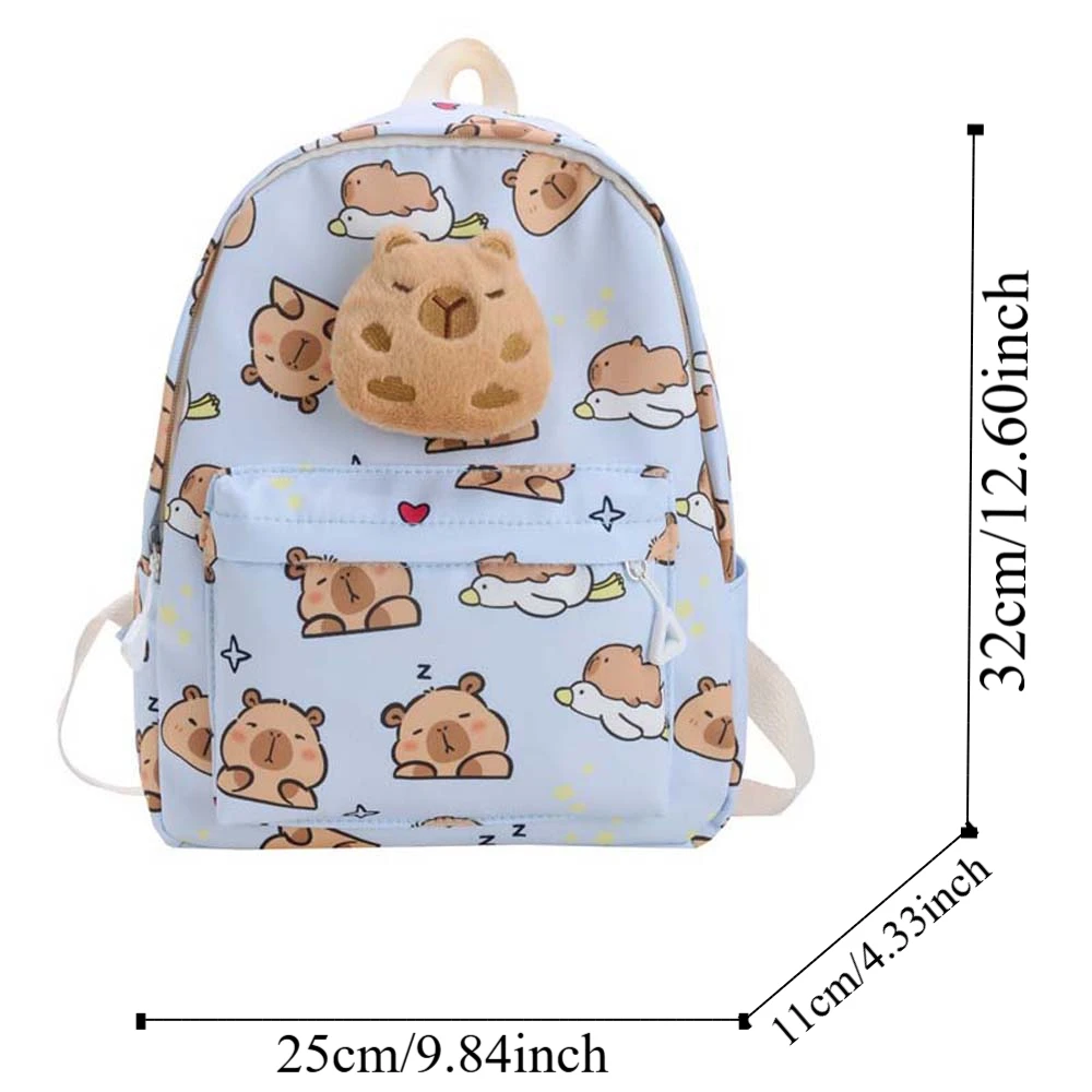 Linda mochila de capibara gruesa, correas anchas de nailon, bolso escolar de gran capacidad, adorno de muñeco de peluche plegable multifuncional para uso diario