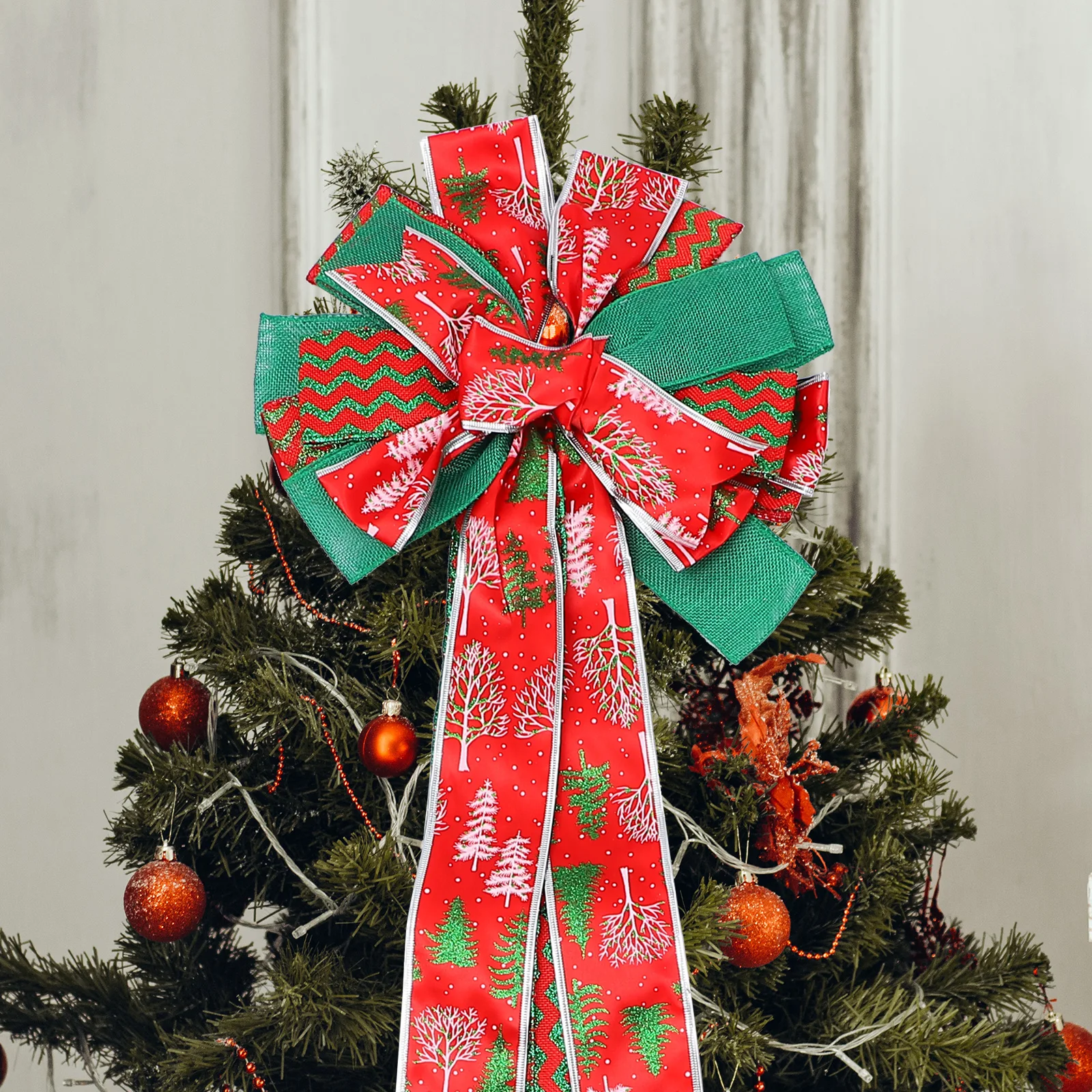 

Christmas Party Decorations Winter Topper for Tree Bows Ornaments Decorative Polyester Xmas