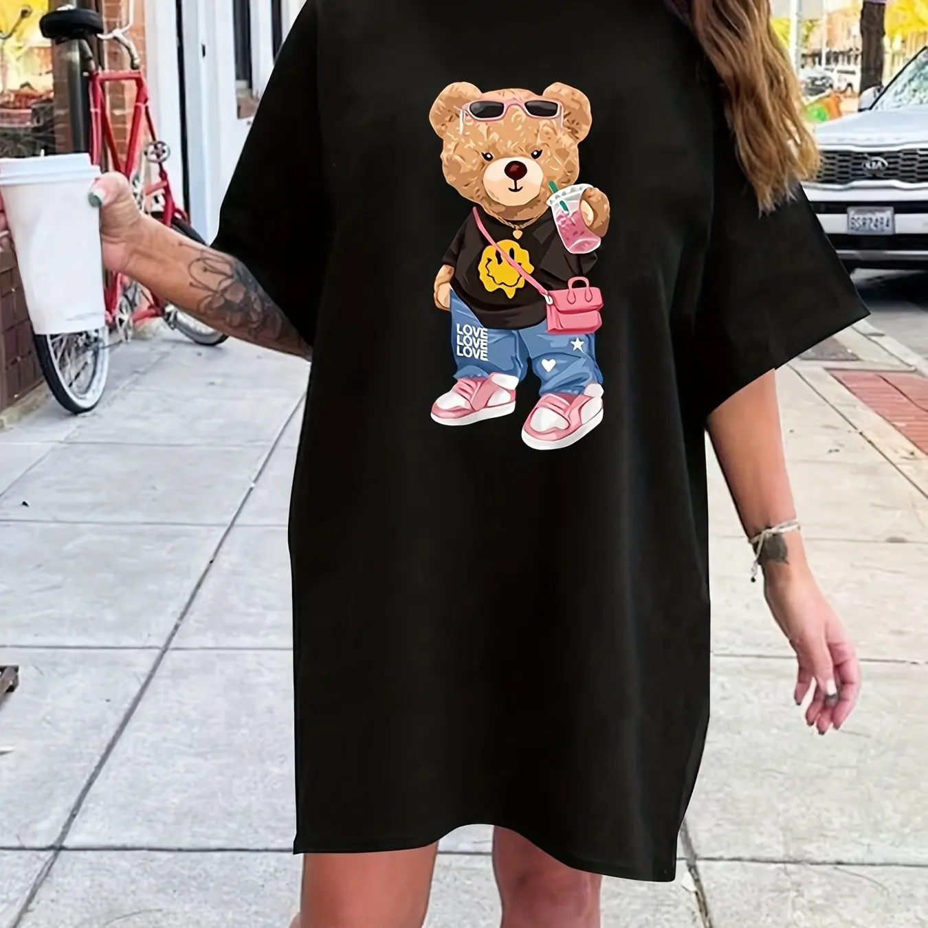 Mini T-shirt à manches courtes et col rond pour femmes, robe longue, mode fille, motif imprimé, surdimensionné, décontracté, été