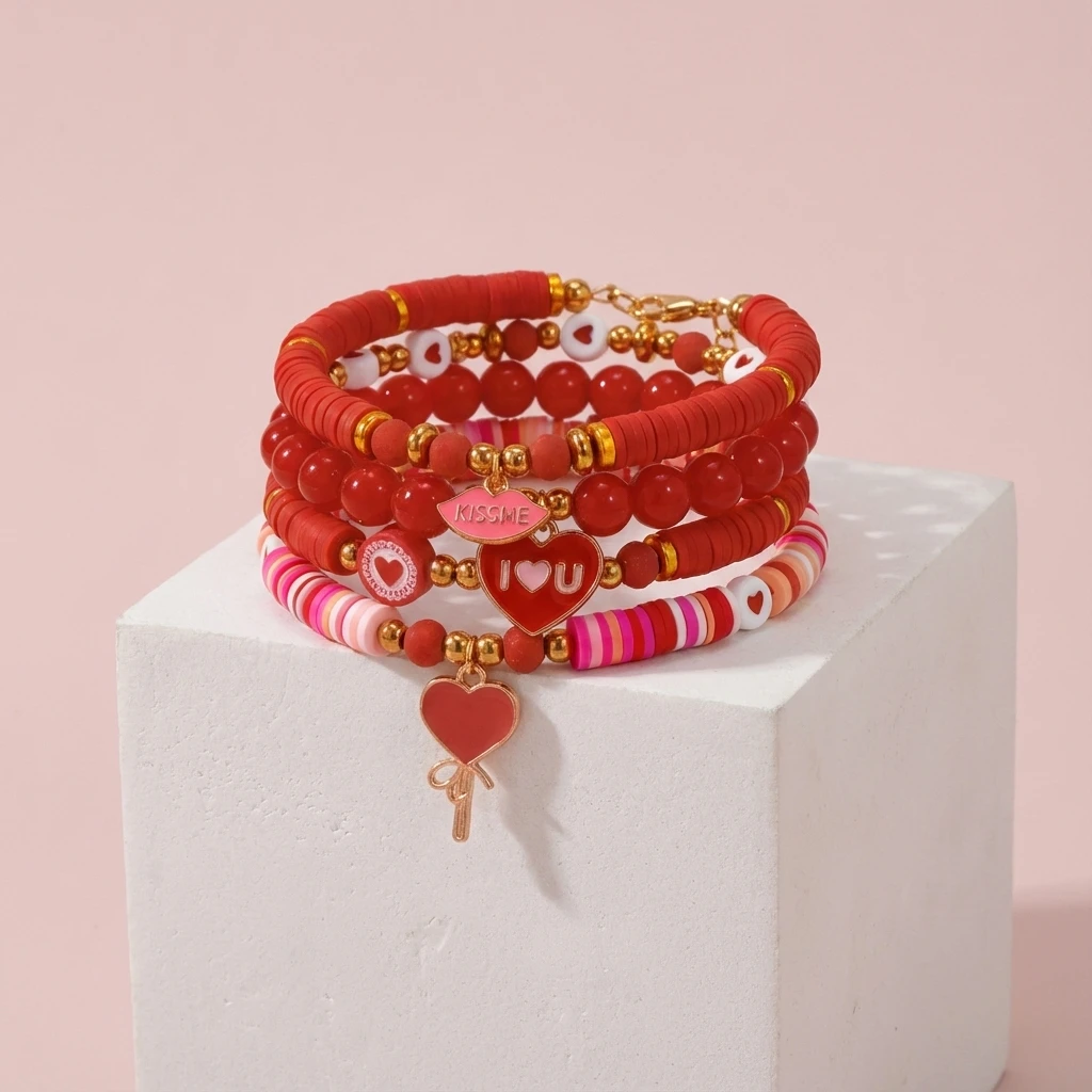 5-teiliges Set Rote Herz-Polymer-Clay-Armbänder für Frauen Modische Goldfarben Beschichtete Charm-Stapelbare Perlenarmbänder Valentinstag-Schmuck – Detail 4