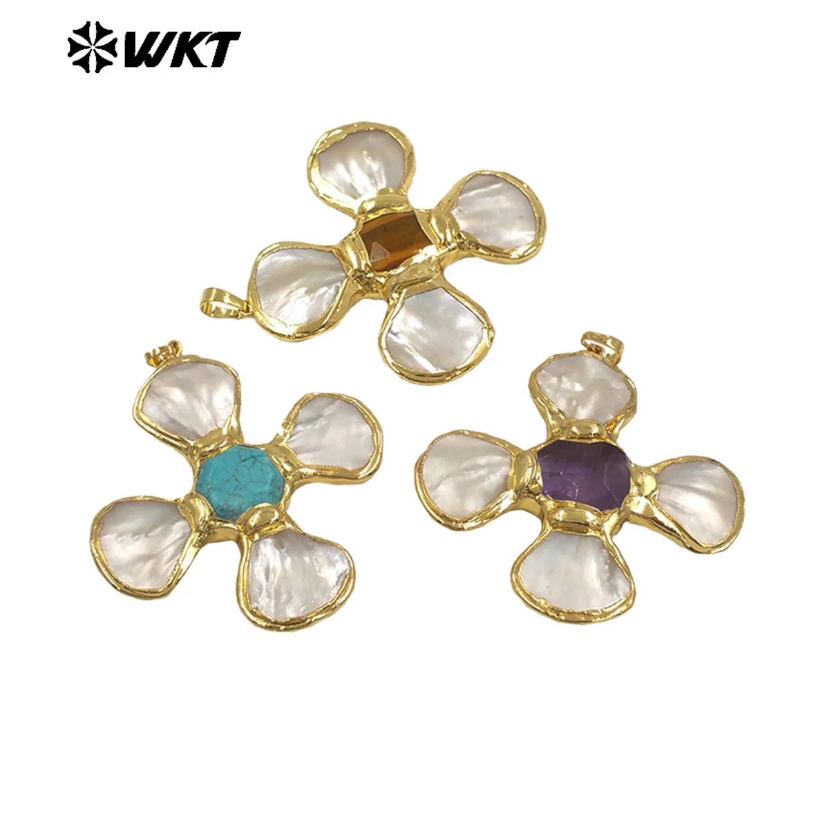 WT-JP425 Amethyst And Turquoise Stone With White Shell Cross Shape Pendant Accessory For Necklace Crafts Making