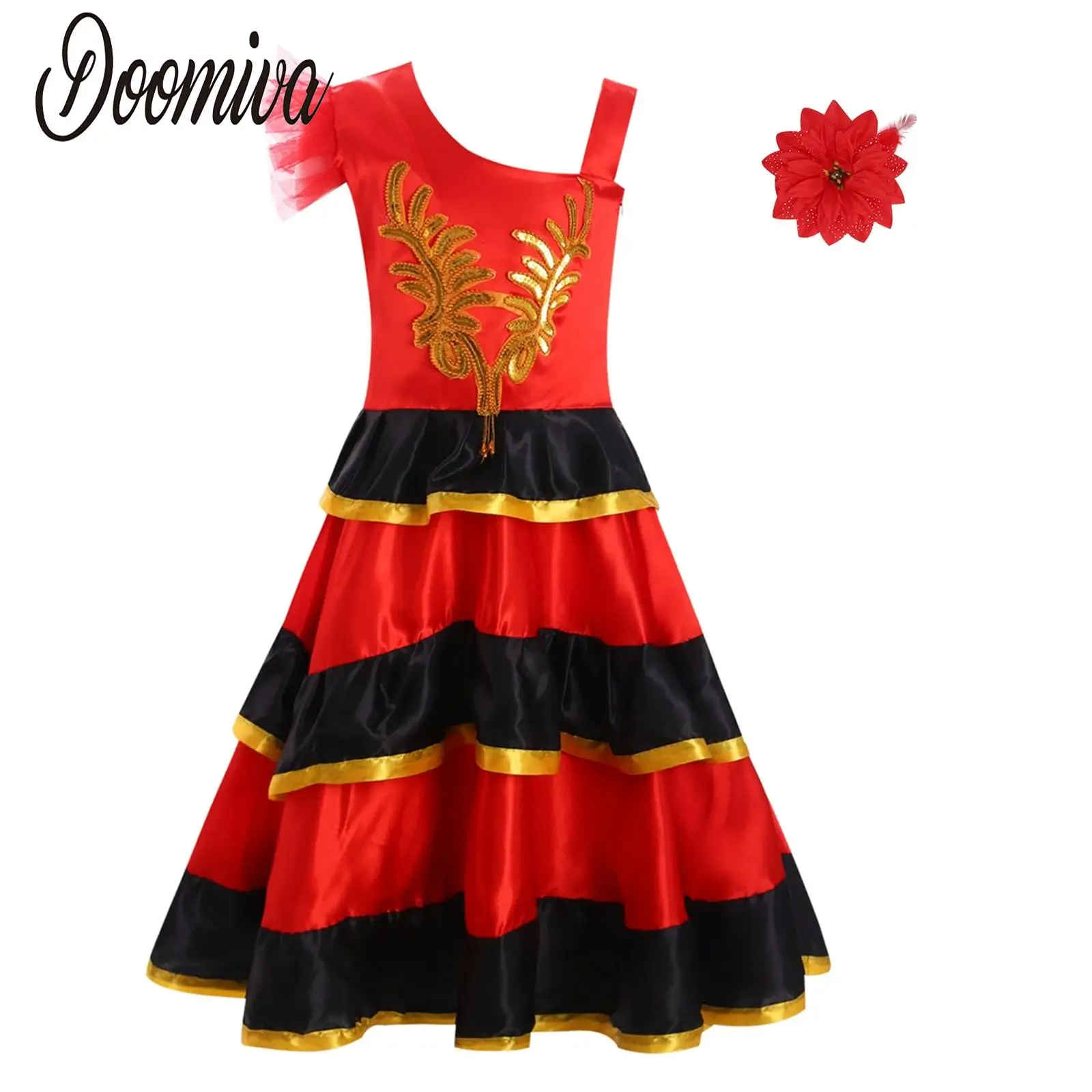 

Girls 360 Degree Wide Hemline Dress Flamenco Dance Spanish Stage Performance Costume Tiered Ruffled Dancer Dress with Headwear