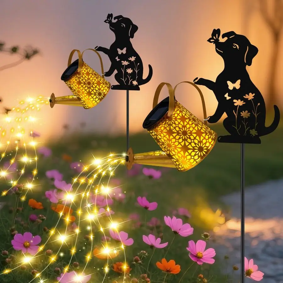 

Освещение для улицы, лейка с каскадными огнями, с садовыми кольями с силуэтом собаки, водонепроницаемый металлический садовый декор