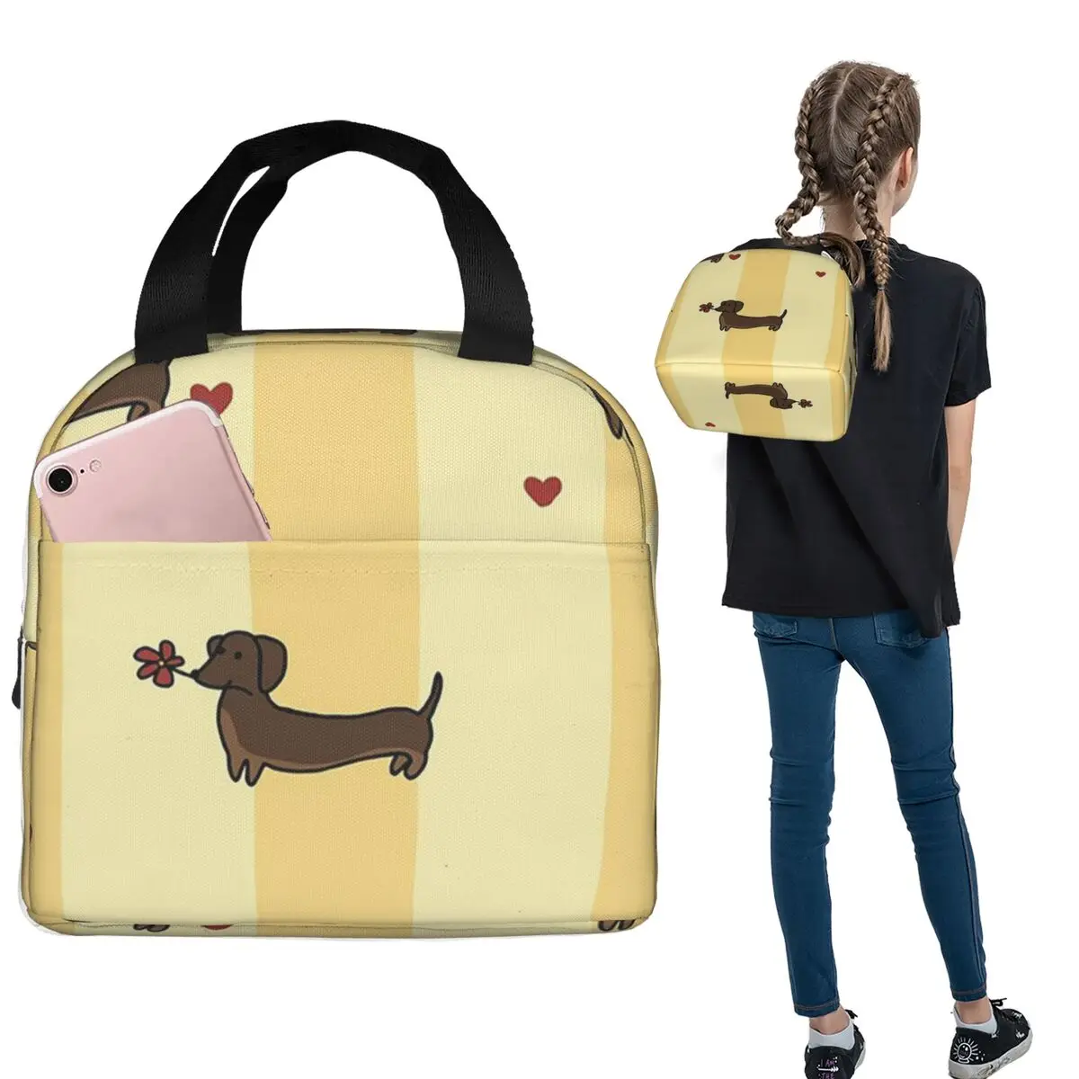

Cartoon Dachshund With Love Heart Insulated Lunch Bag for Women Kids Portable Food Boxes Thermal Lunch Box Tote