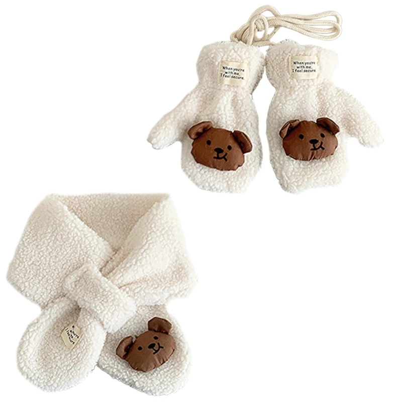 Bear Themed Scarf and Gloves Set for Boys Girls 2-6T, Breathable Long Muffler with Mittens for Outdoor Activity