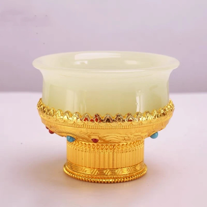 Cuenco alto budista dorado de aleación, taza de agua bendita tántrica, cuenco de piedras preciosas con incrustaciones grabadas, decorativo de escritorio tibetano, 11,5 cm