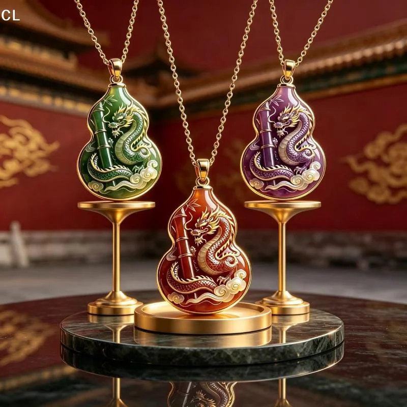 AttireTroveChinese Lucky Dragon Phoenix Enamel Gourd Pendant Necklace Totem Ethnic Jewelry Minimalist Unisex Fashion
