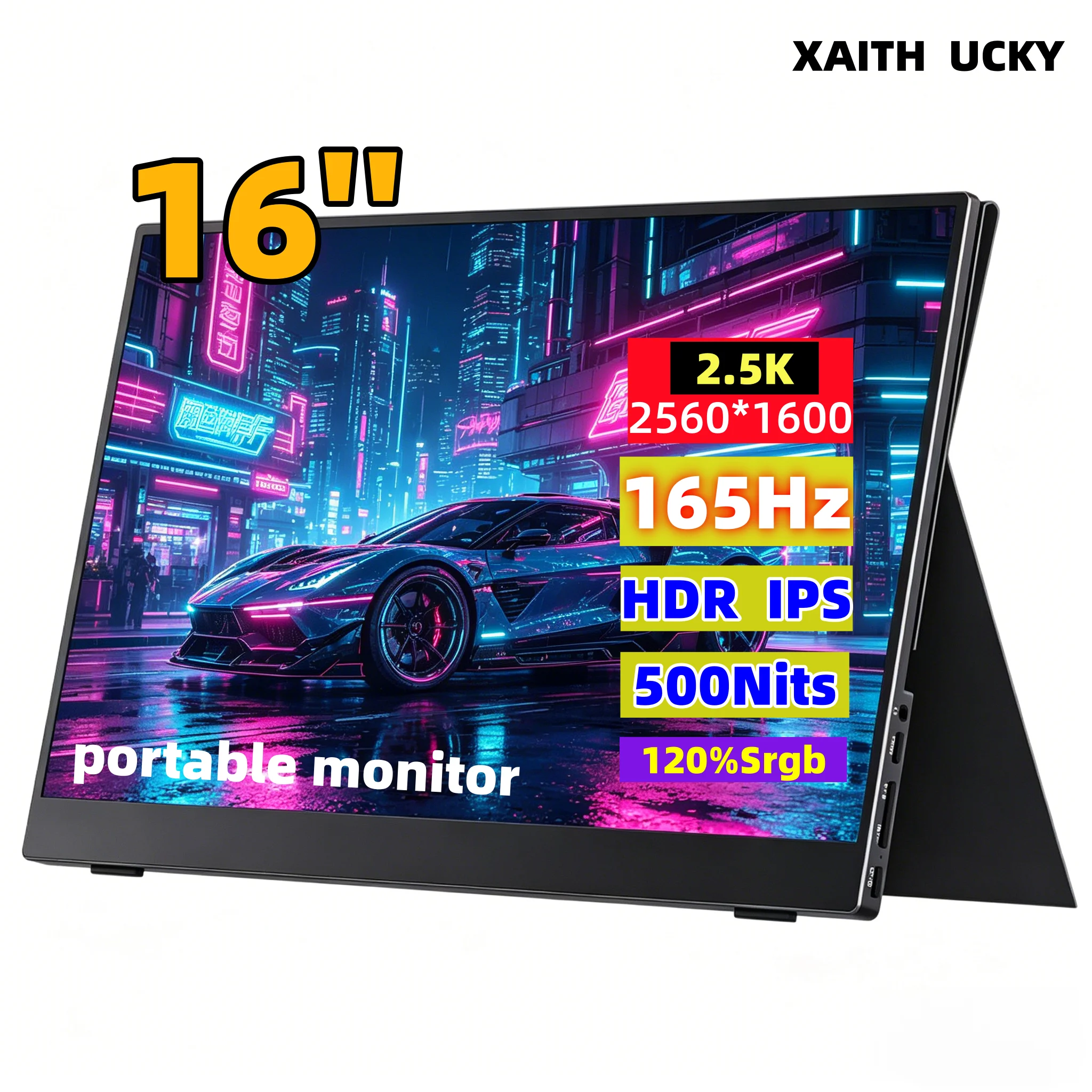 XAITH UCKY 16-inch 2K Portable Monitor, 25601600, 500 Nits, 120% sRGB, 165Hz HDR, HDMI & USB-C Travel External Display for Lapt