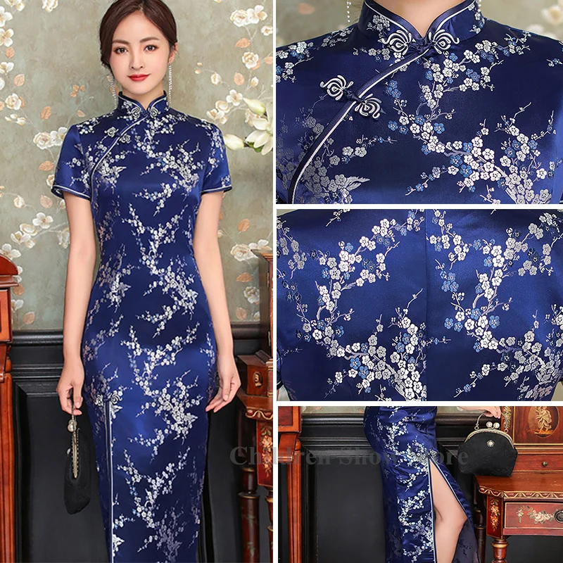 

Retro Mandarin Collar Cheongsams for Lady Elegant Qipao Jacquard Flower Satin Brocade Chinese Style Dress Women Elegant Vestidos